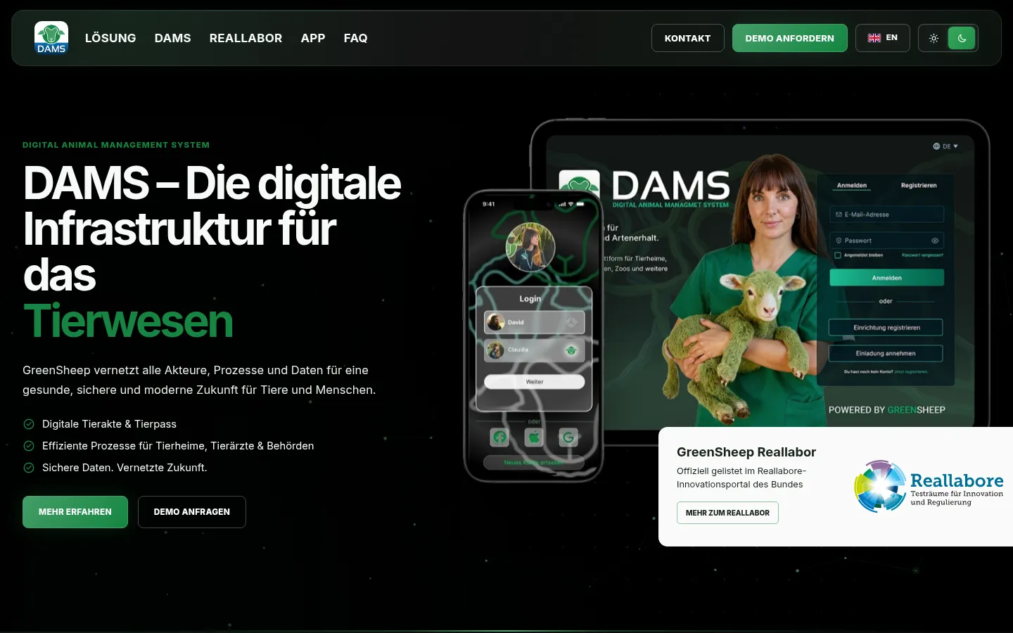Webdesign Eberswalde: GreenSheep DAMS – Startseite in der Desktop-Ansicht