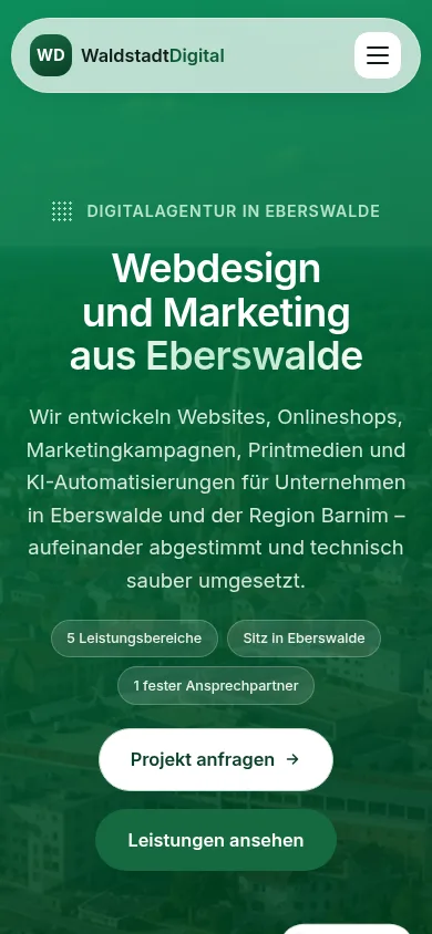 Webdesign Eberswalde: Waldstadt Digital – Startseite in der Smartphone-Ansicht