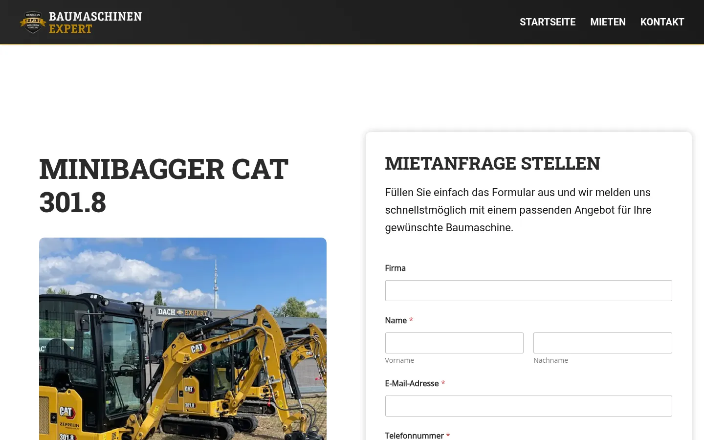Webdesign Storkow: Baumaschinen Expert – Mietanfrage für einen Minibagger