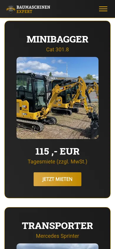 Webdesign Storkow: Baumaschinen Expert – Mietpark in der Smartphone-Ansicht
