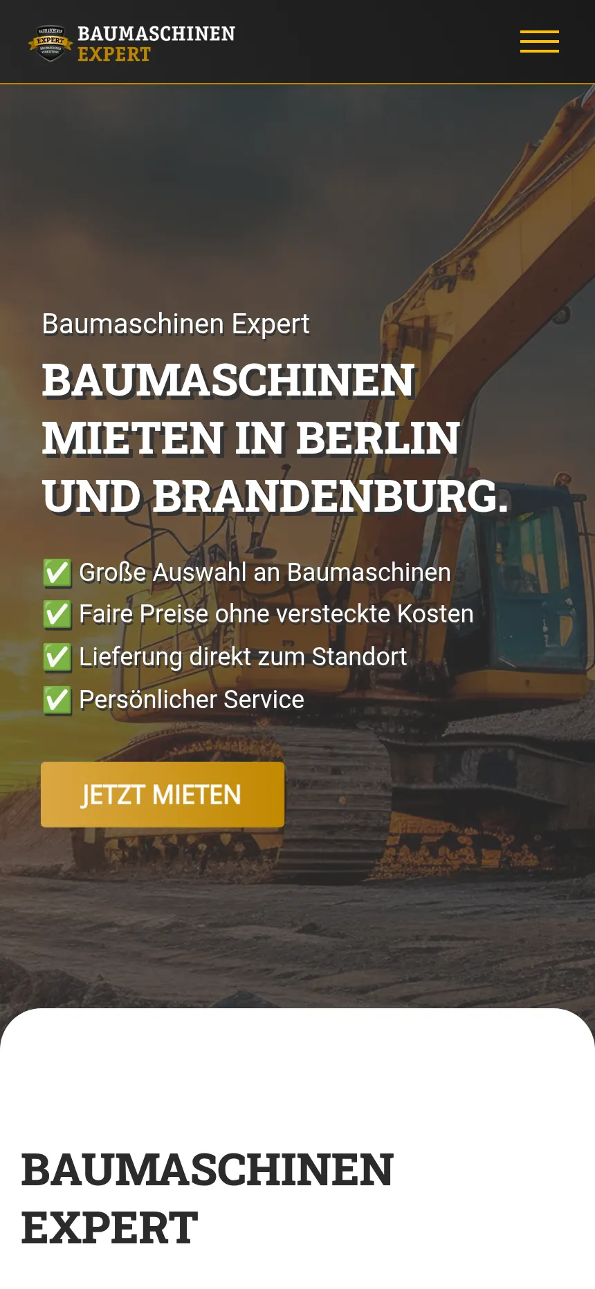 Webdesign Storkow: Baumaschinen Expert – Startseite in der Smartphone-Ansicht
